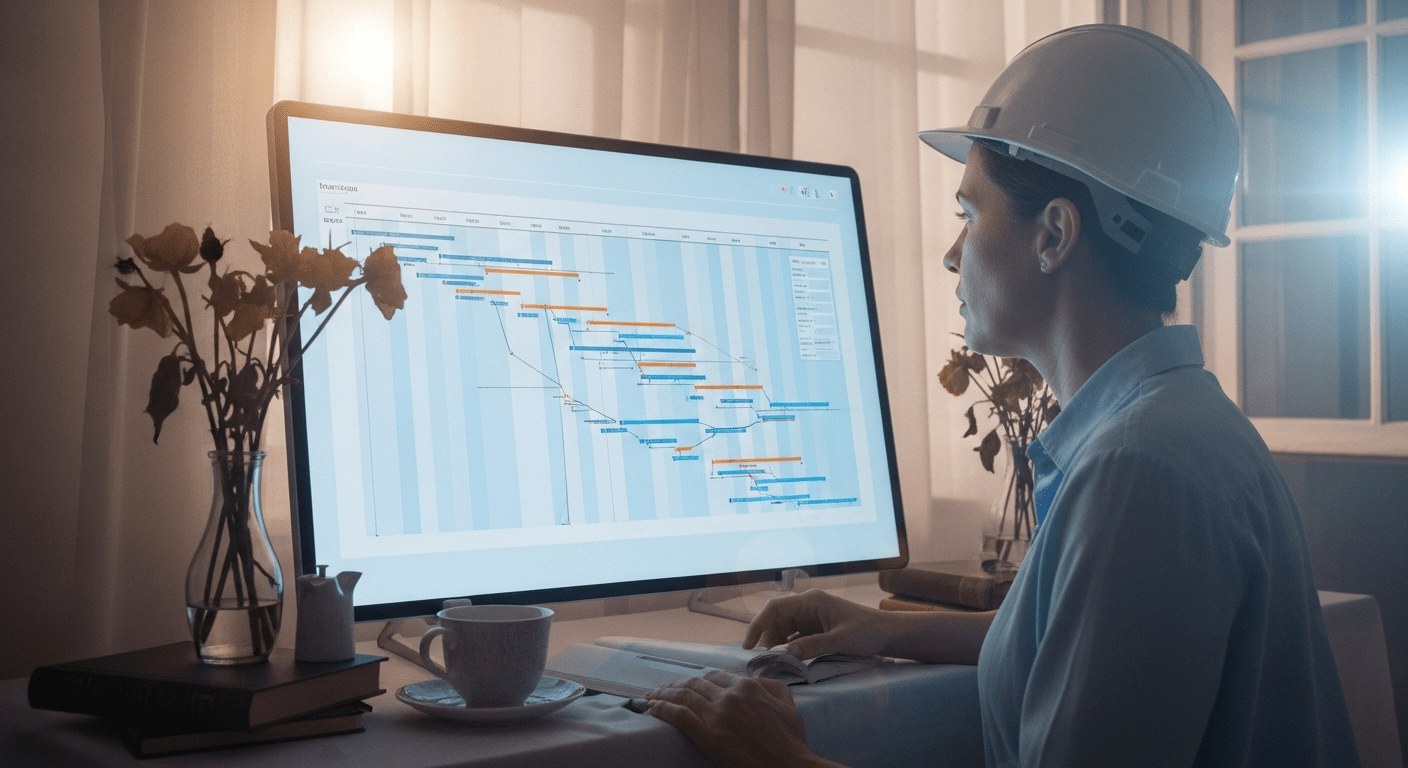 Bauleiterin in weißem Schutzhelm arbeitet am Schreibtisch an einem digitalen Bauzeitenplan (Gantt-Diagramm) auf einem Monitor.
