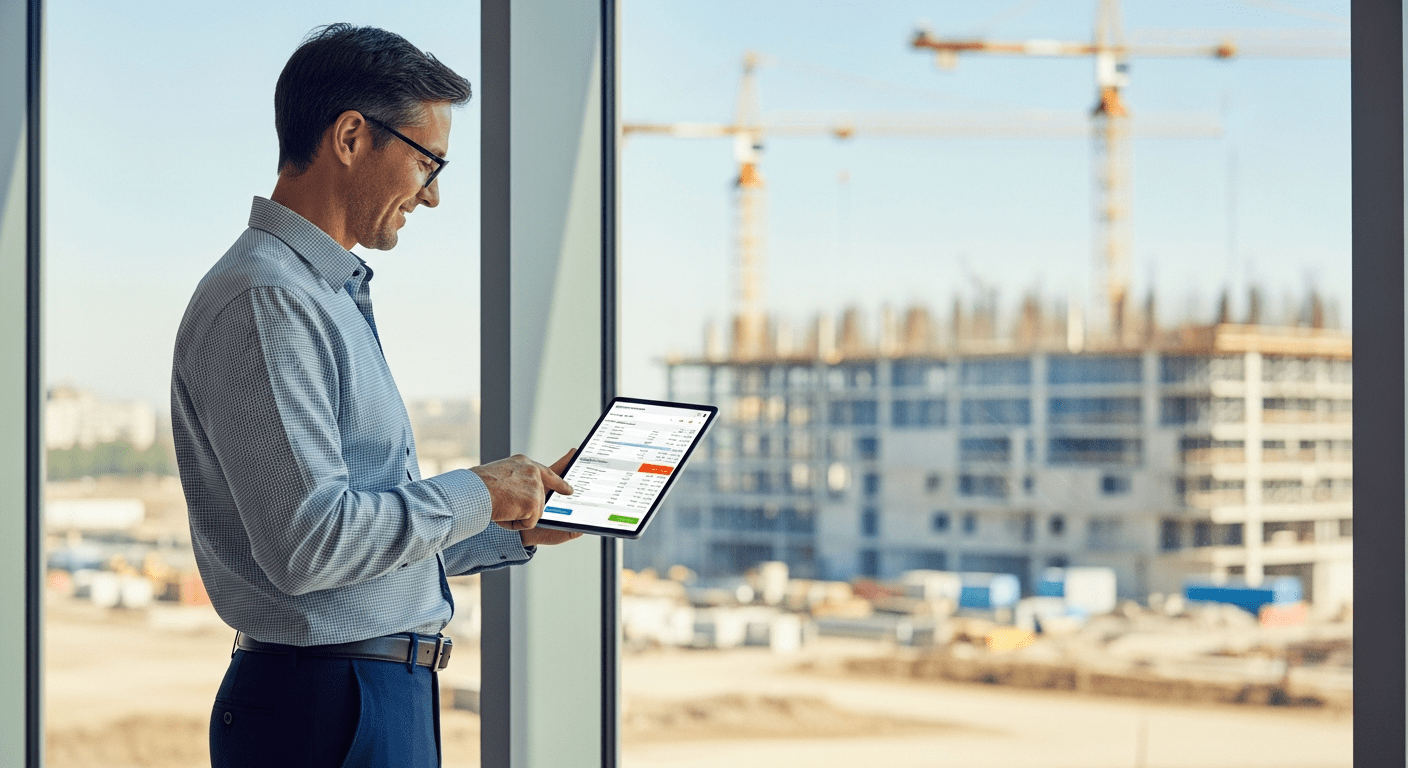 Ein Projektleiter prüft ein digitales Leistungsverzeichnis auf einem Tablet und nutzt Bauträgersoftware, um eine GAEB Datei zu öffnen.