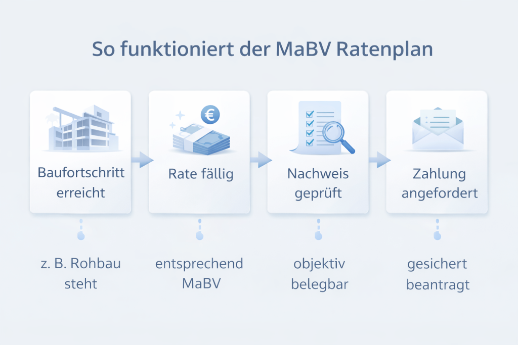 Grafische Darstellung des MaBV Ratenplans mit Baufortschritt, Ratenfälligkeit, Prüfung und Zahlungsanforderung
