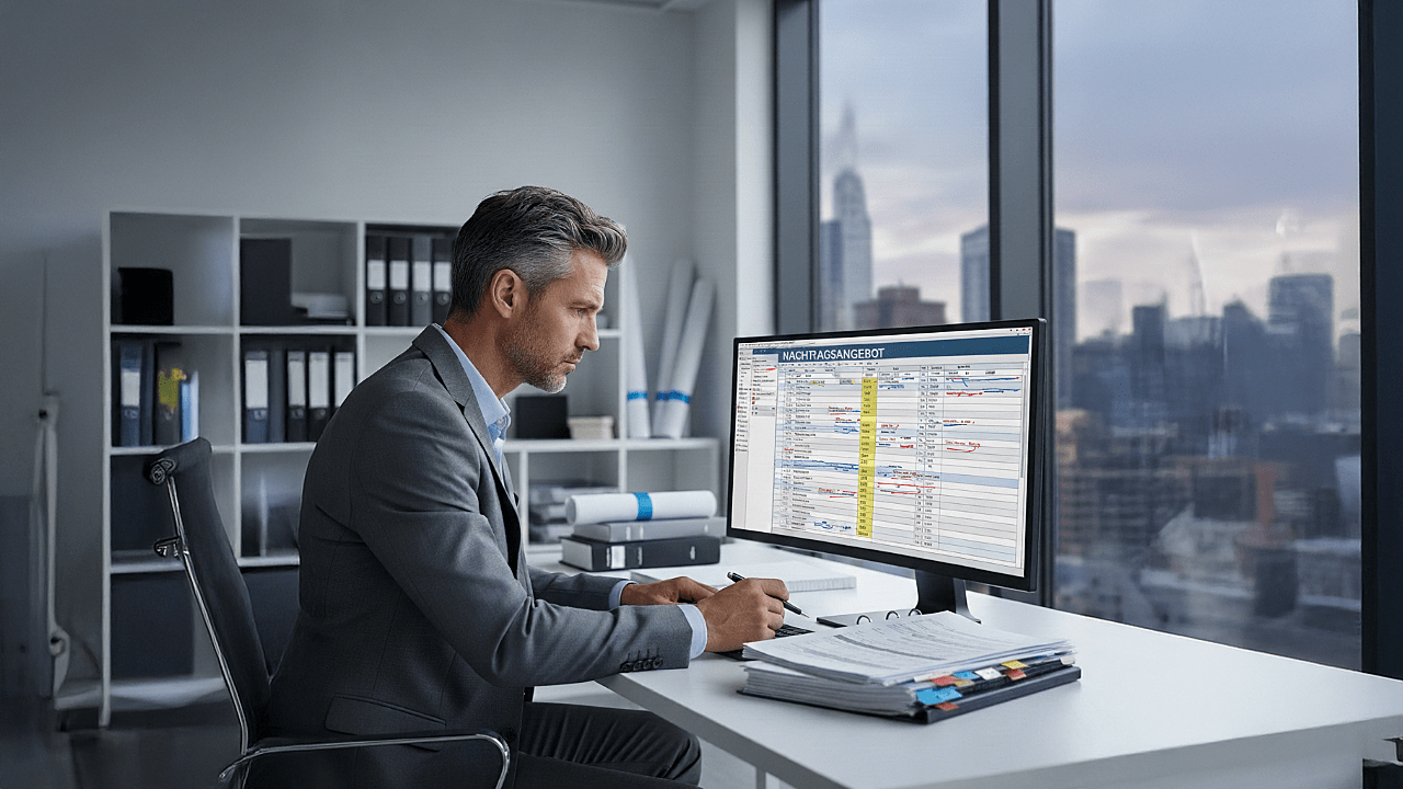 Projektentwickler oder Bauleiter prüft kritisch ein Nachtragsangebot oder eine Kalkulation an einem Schreibtisch mit VOB-Dokumenten im Hintergrund.