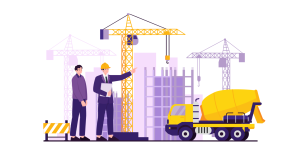 Diese moderne Grafik zeigt eine geschäftige Baustelle vor einer lila Stadtsilhouette. Im Vordergrund stehen zwei Männer: Ein Bauleiter im blauen Anzug mit gelbem Schutzhelm und Klemmbrett zeigt mit ausgestrecktem Arm auf das Gelände, während ein Kollege in einem lila Pullover aufmerksam zuhört. Das Zentrum des Bildes wird von einem großen, leuchtend gelben Baukran dominiert, der direkt neben dem Gerüst eines im Bau befindlichen Hochhauses steht. Auf der rechten Seite parkt ein passender gelber Betonmischer, während auf der linken Seite eine Absperrung den Bereich begrenzt. Die gesamte Illustration ist in einem klaren, flachen Stil gehalten, wobei die gelben Baumaschinen einen starken Kontrast zu den violetten und grauen Farbtönen des Hintergrunds bilden.