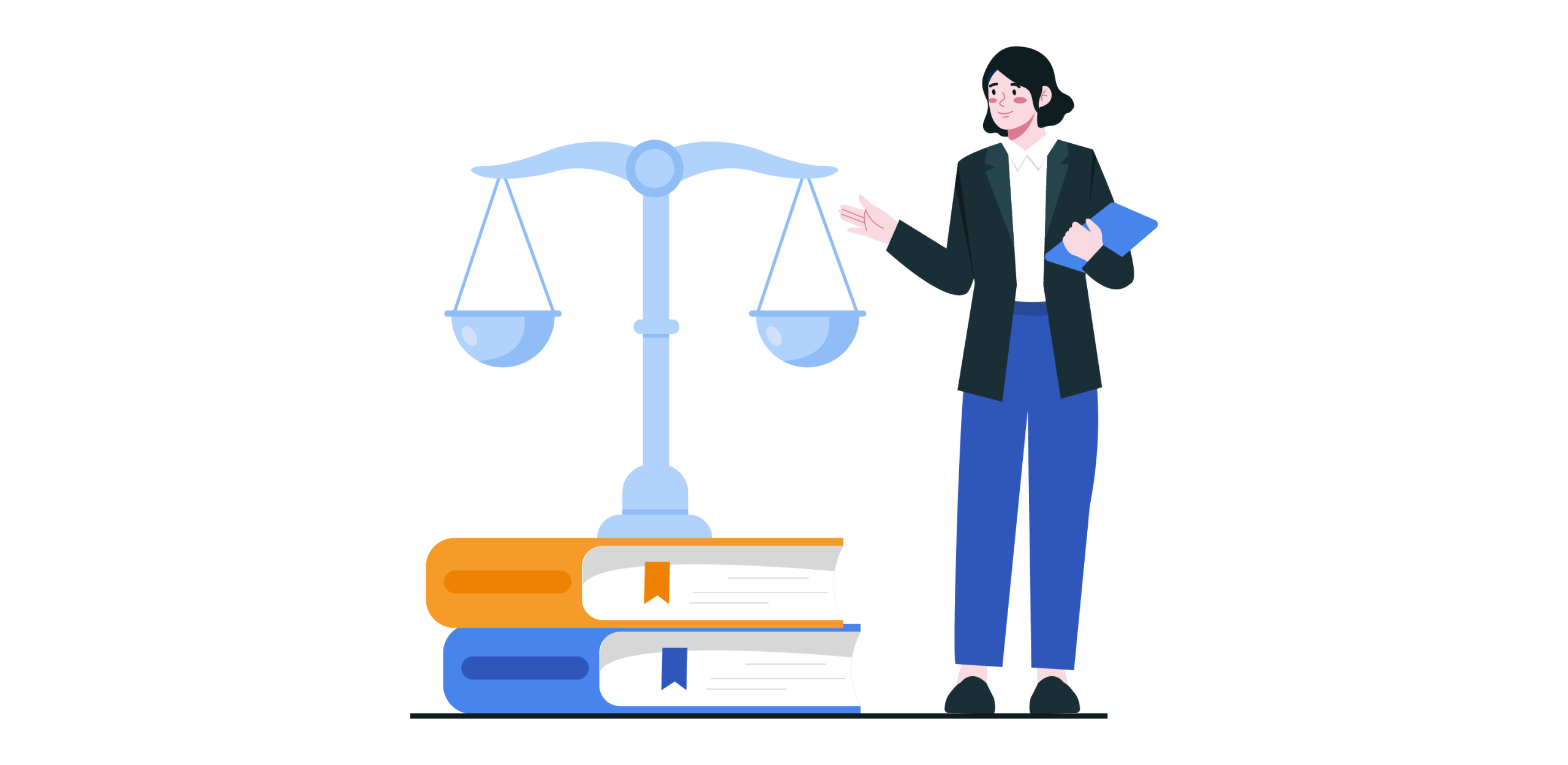 Illustration einer Rechtsexpertin neben einer Justitia-Waage und Gesetzbüchern – Symbol für juristische Beratung und Vertragsprüfung."