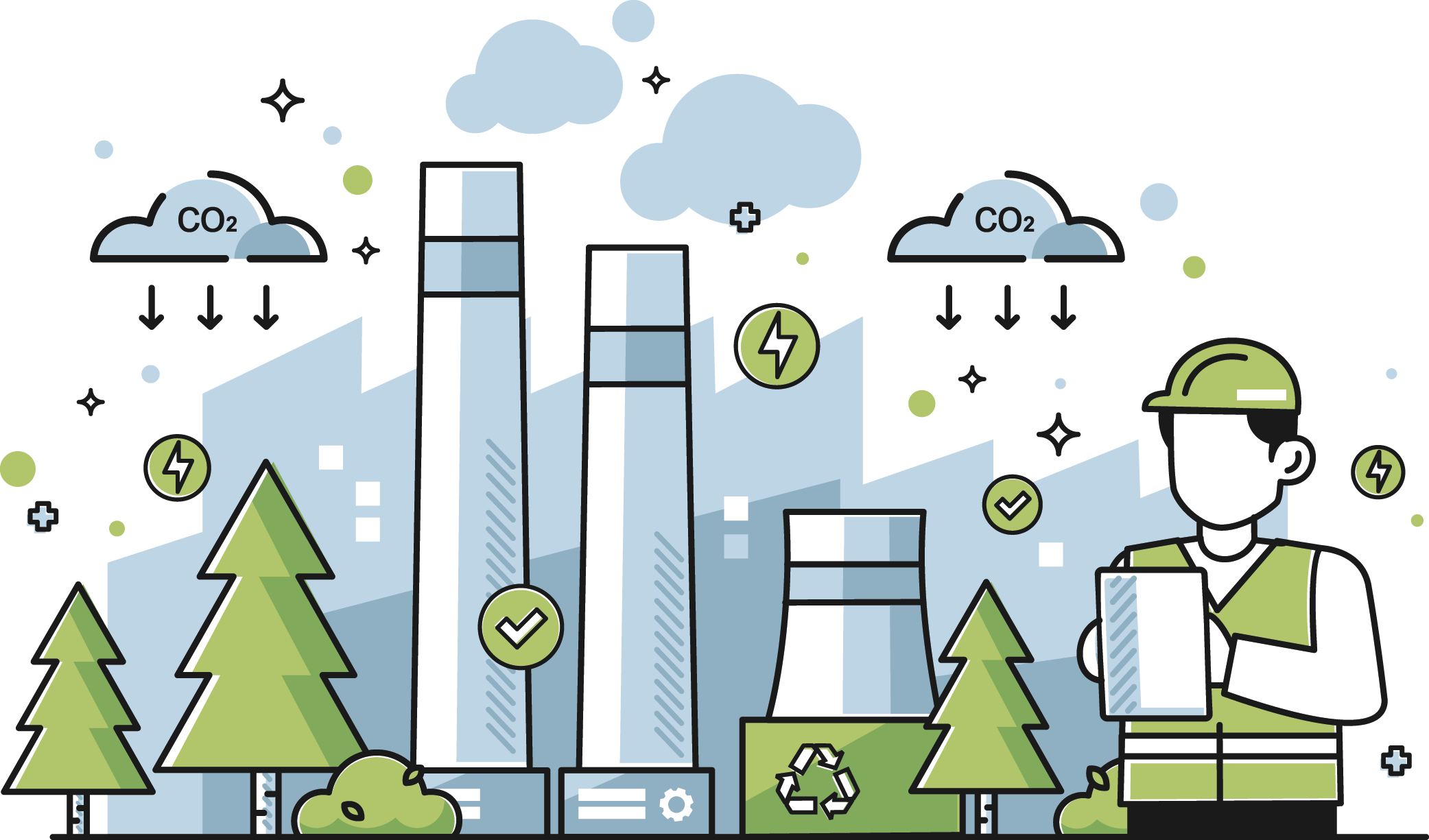 Illustration zum Thema CO2-Management und ESG-Reporting für Bauträger: Ein Fachplaner überwacht die Reduktion von Emissionen durch nachhaltige Gebäudetechnik und Energieautarkie im Rahmen des GEG 2026