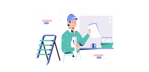 Eine moderne, flache Vektor-Illustration eines Bautagebuchs mit einem Klemmbrett, einer Checkliste, Zahnrädern und einem gelben Bauhelm – symbolisch für die digitale Baustellendokumentation im Bauträger-Projektmanagement.