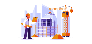 Illustration eines Bauleiters mit Klemmbrett und Bauplan vor einer Baustelle mit Baukran zur Bauzeitenplanung und kaufmännischen Liquiditätssteuerung.