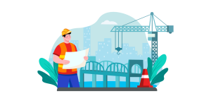 Illustration eines Bauleiters mit Helm und Bauplan zur Bedenkenanmeldung im Bauwesen.