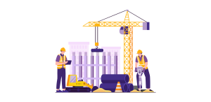 Bauleiter dokumentiert Baumängel digital per Tablet auf der Baustelle vor einem Rohbau mit Turmdrehkran.