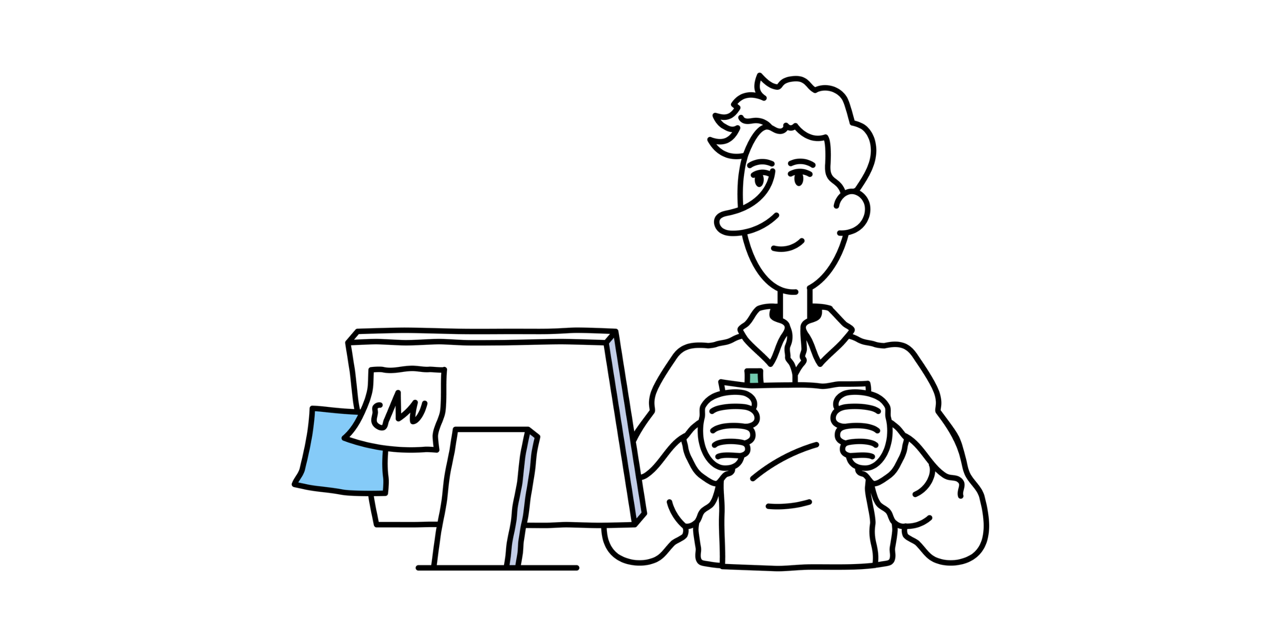 Illustration eines Bauträgers am Computerarbeitsplatz bei der kaufmännischen Prüfung von Bemusterungsunterlagen und Sonderwunsch-Anträgen.