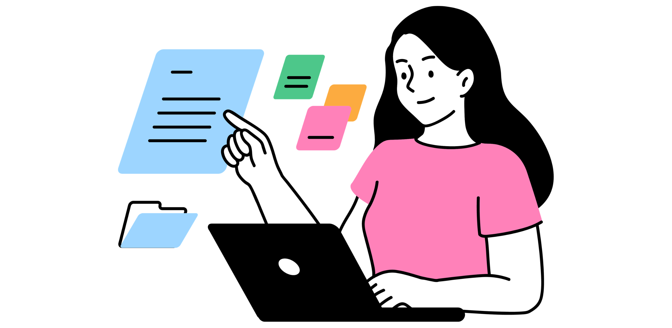 Illustration einer Projektentwicklerin bei der digitalen Dokumentenverwaltung und Planfreigabe im Bauträger-ERP am Laptop.